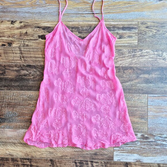 PajamaGram Silk Blend Pink Floral Textured Sheer Mini Chemise Slip Night Gown - Picture 5 of 11